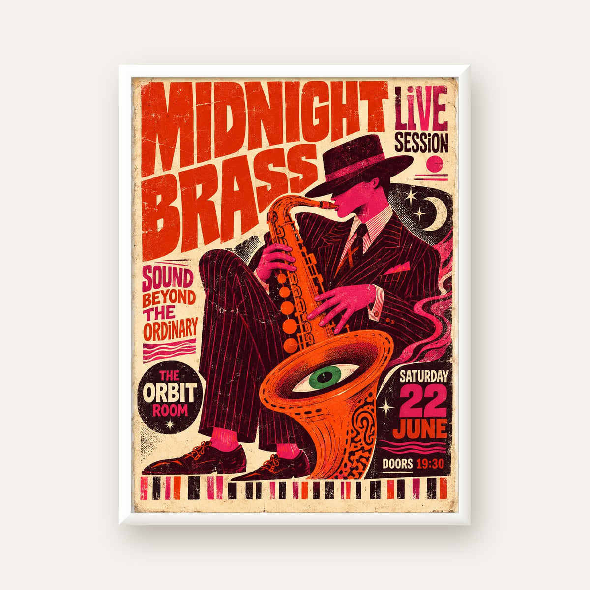 Caz Saksafon Performansı Retro Poster – Kozmik & Renkli Duvar Sanatı — beyaz çerçeveli dikey poster