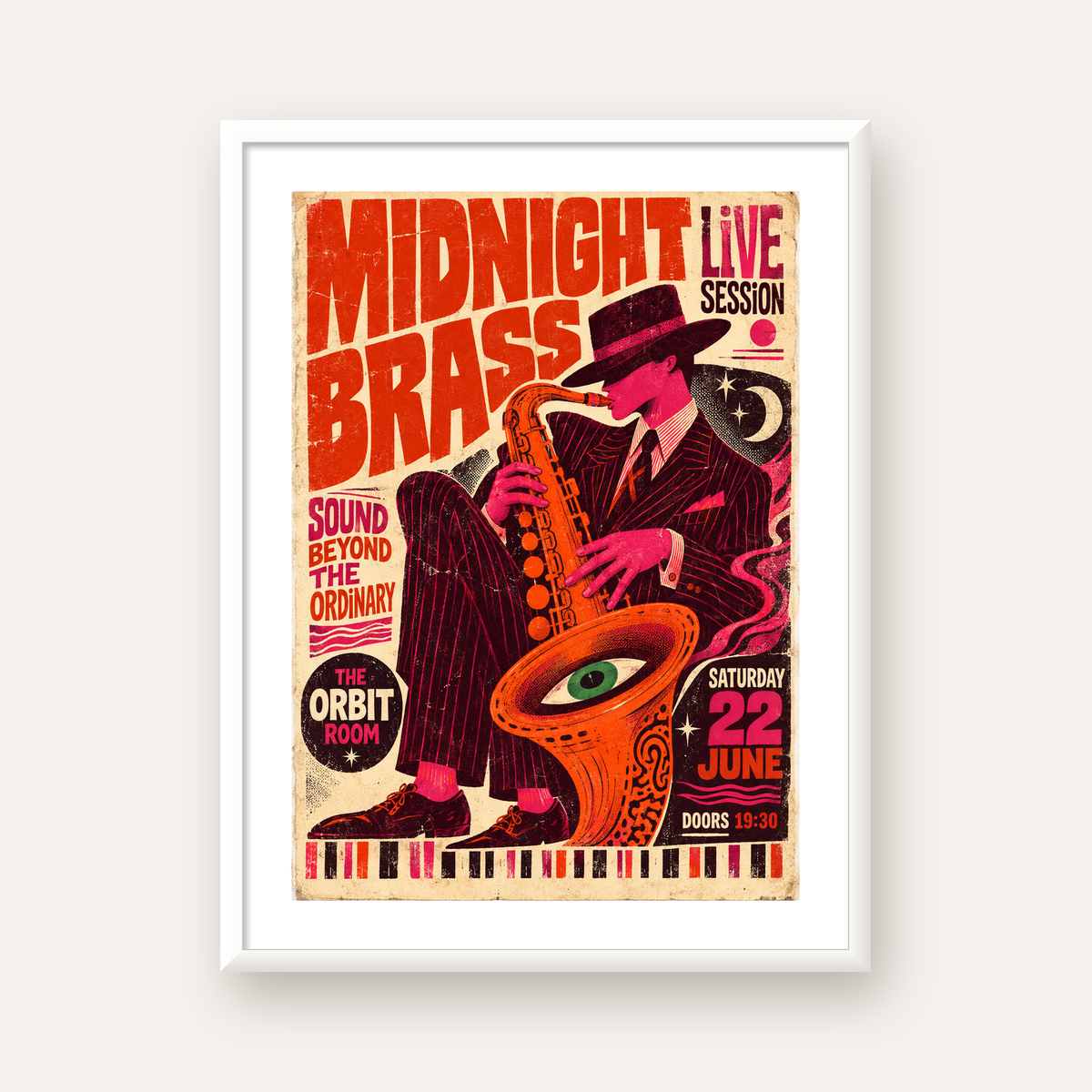 Caz Saksafon Performansı Retro Poster – Kozmik & Renkli Duvar Sanatı — beyaz çerçeveli dikey poster