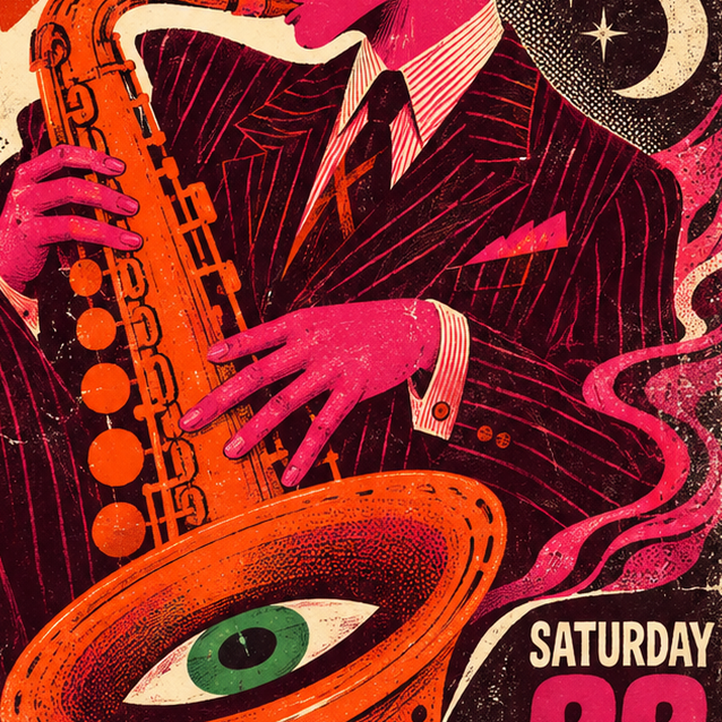 Caz Saksafon Performansı Retro Poster – Kozmik & Renkli Duvar Sanatı — baskının yakın çekimi, kâğıt dokusu ve renk detayı