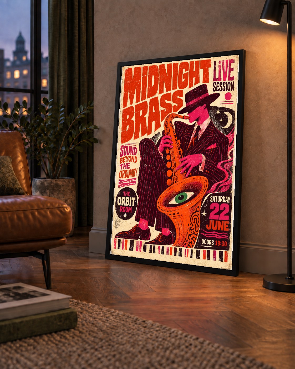 Caz Saksafon Performansı Retro Poster – Kozmik & Renkli Duvar Sanatı