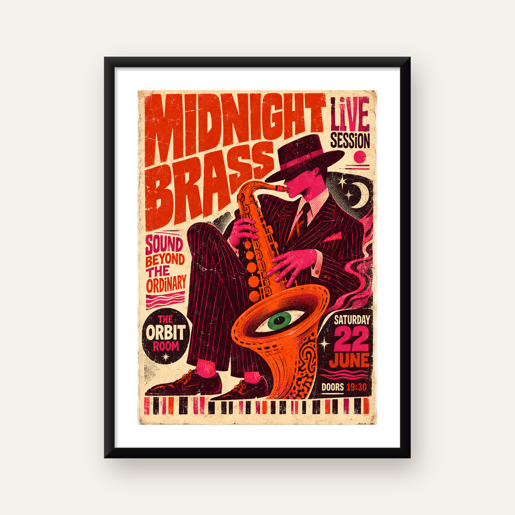 Caz Saksafon Performansı Retro Poster – Kozmik & Renkli Duvar Sanatı — Dikey baskı, beyaz paspartulu