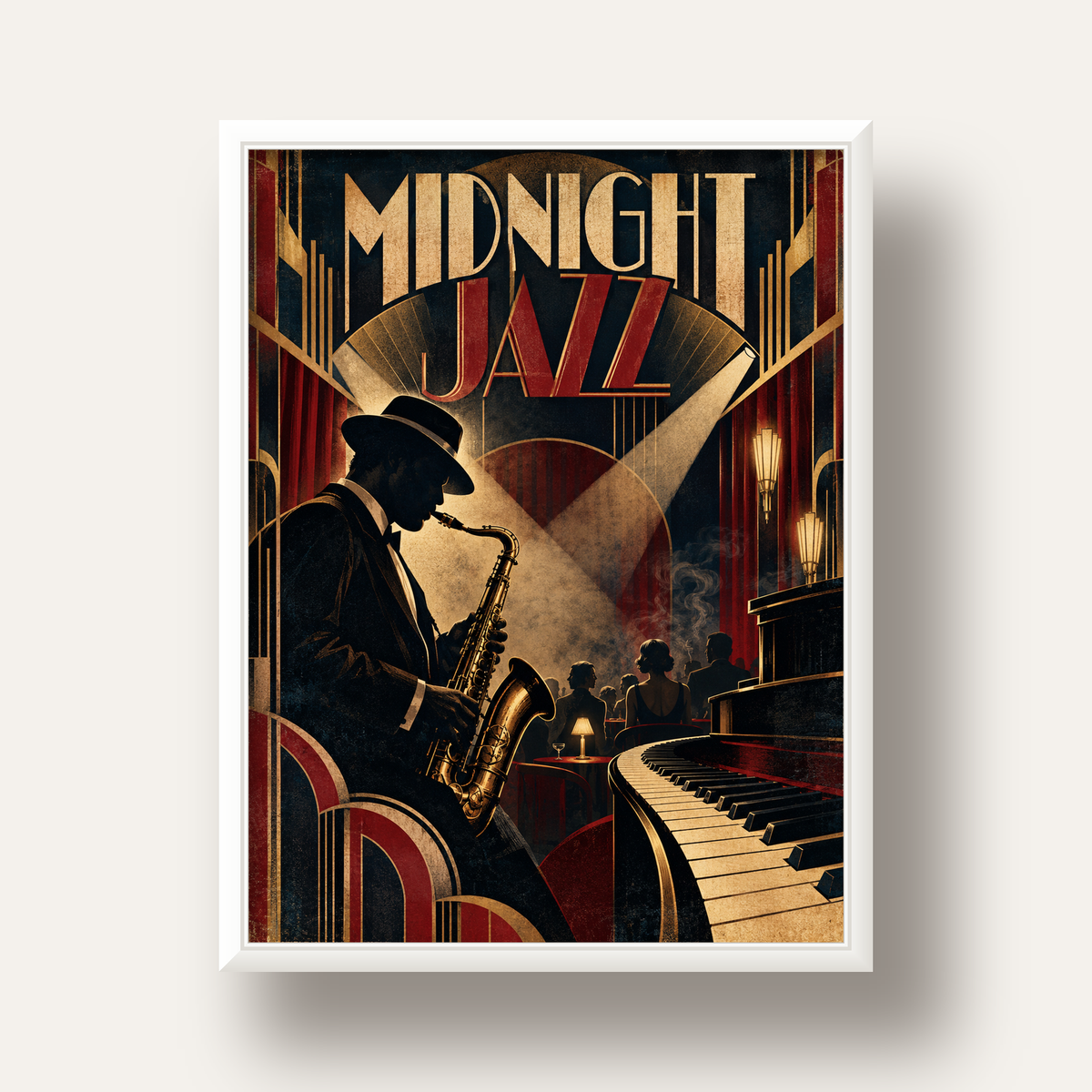 Midnight Jazz Art Deco Caz Kulübü Afişi — beyaz derin çerçeveli