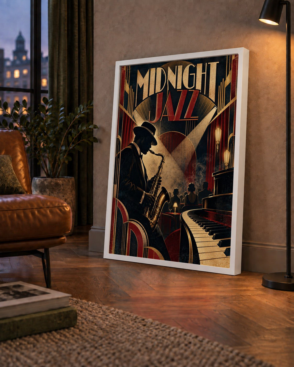 Midnight Jazz Art Deco Caz Kulübü Afişi — çerçeveli hâliyle bir ev duvarında