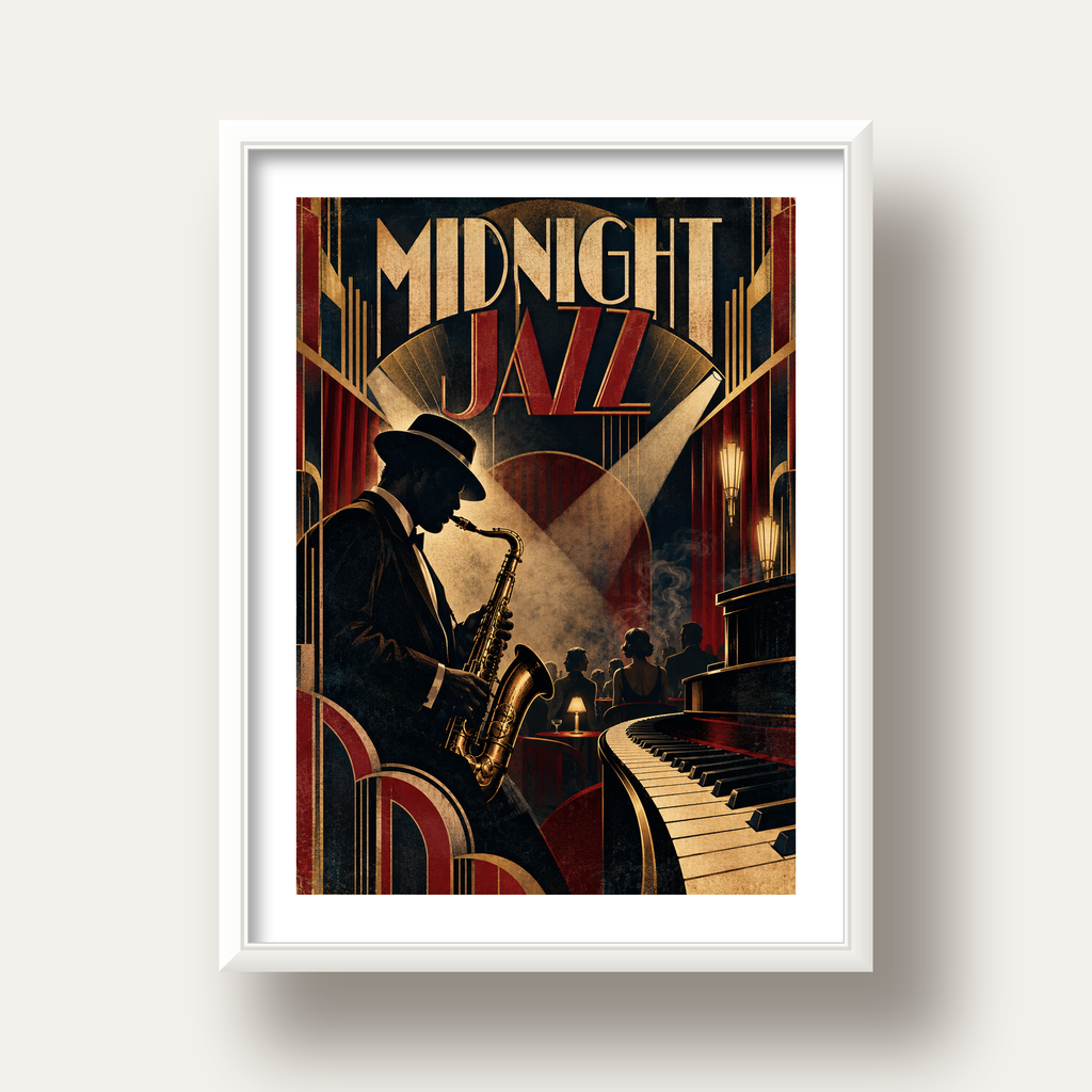 Midnight Jazz Art Deco Caz Kulübü Afişi — beyaz derin çerçeveli paspartulu