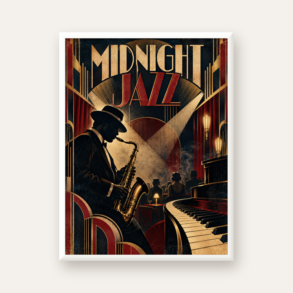 Midnight Jazz Art Deco Caz Kulübü Afişi — beyaz çerçeveli dikey poster