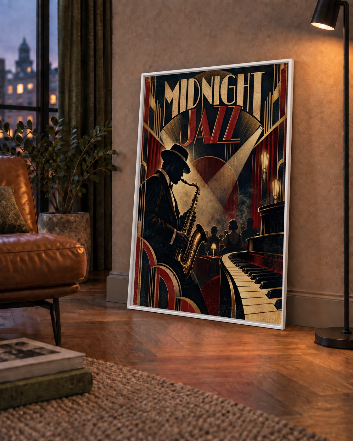 Midnight Jazz Art Deco Caz Kulübü Afişi — çerçeveli hâliyle bir ev duvarında