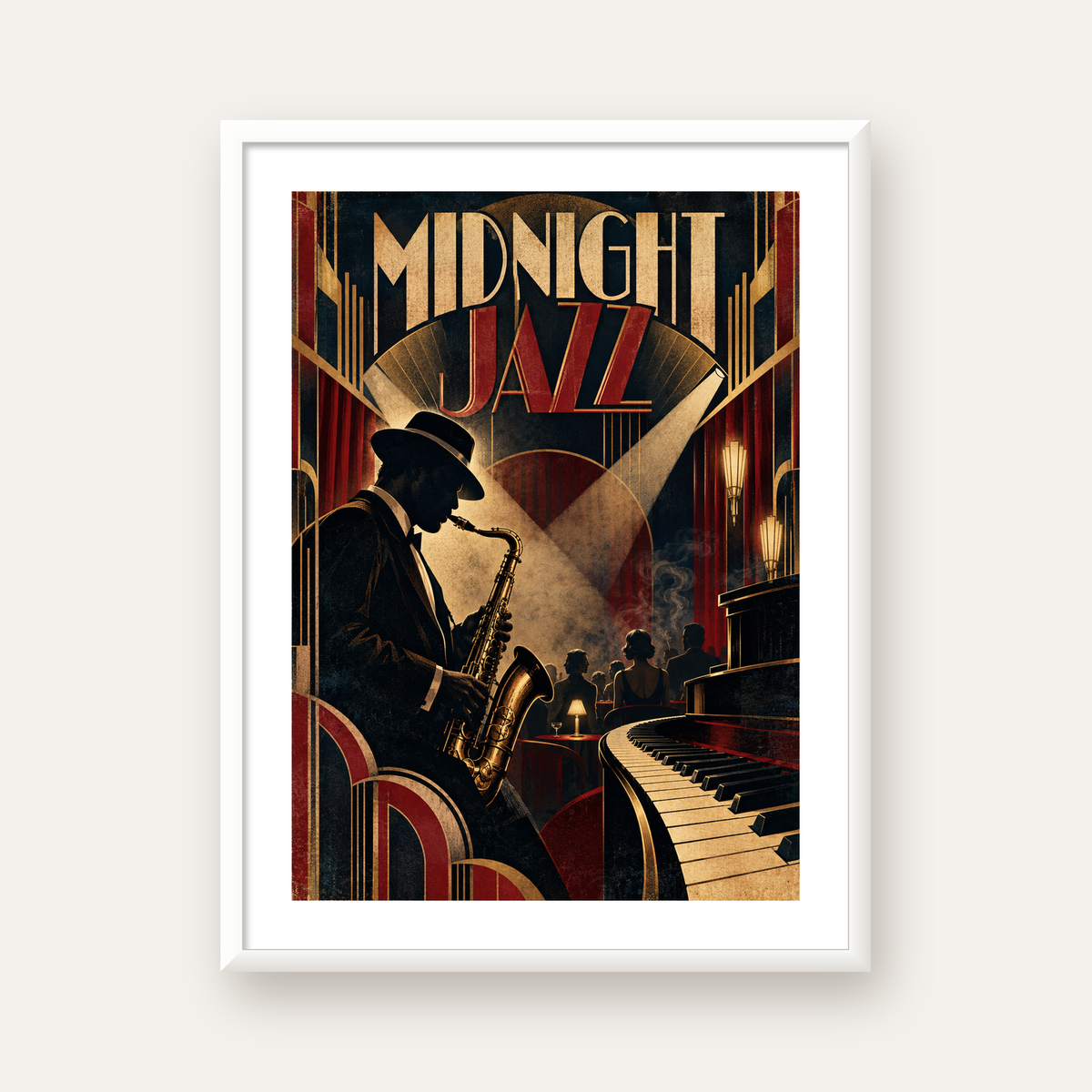 Midnight Jazz Art Deco Caz Kulübü Afişi — beyaz çerçeveli dikey poster