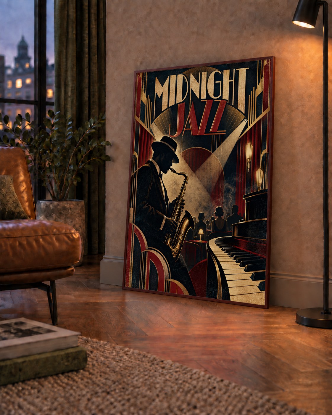 Midnight Jazz Art Deco Caz Kulübü Afişi — çerçeveli hâliyle bir ev duvarında
