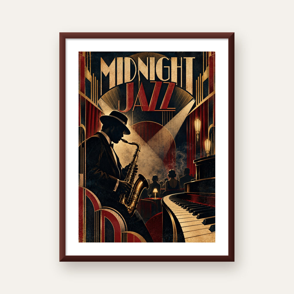 Midnight Jazz Art Deco Caz Kulübü Afişi — ceviz çerçeveli paspartulu