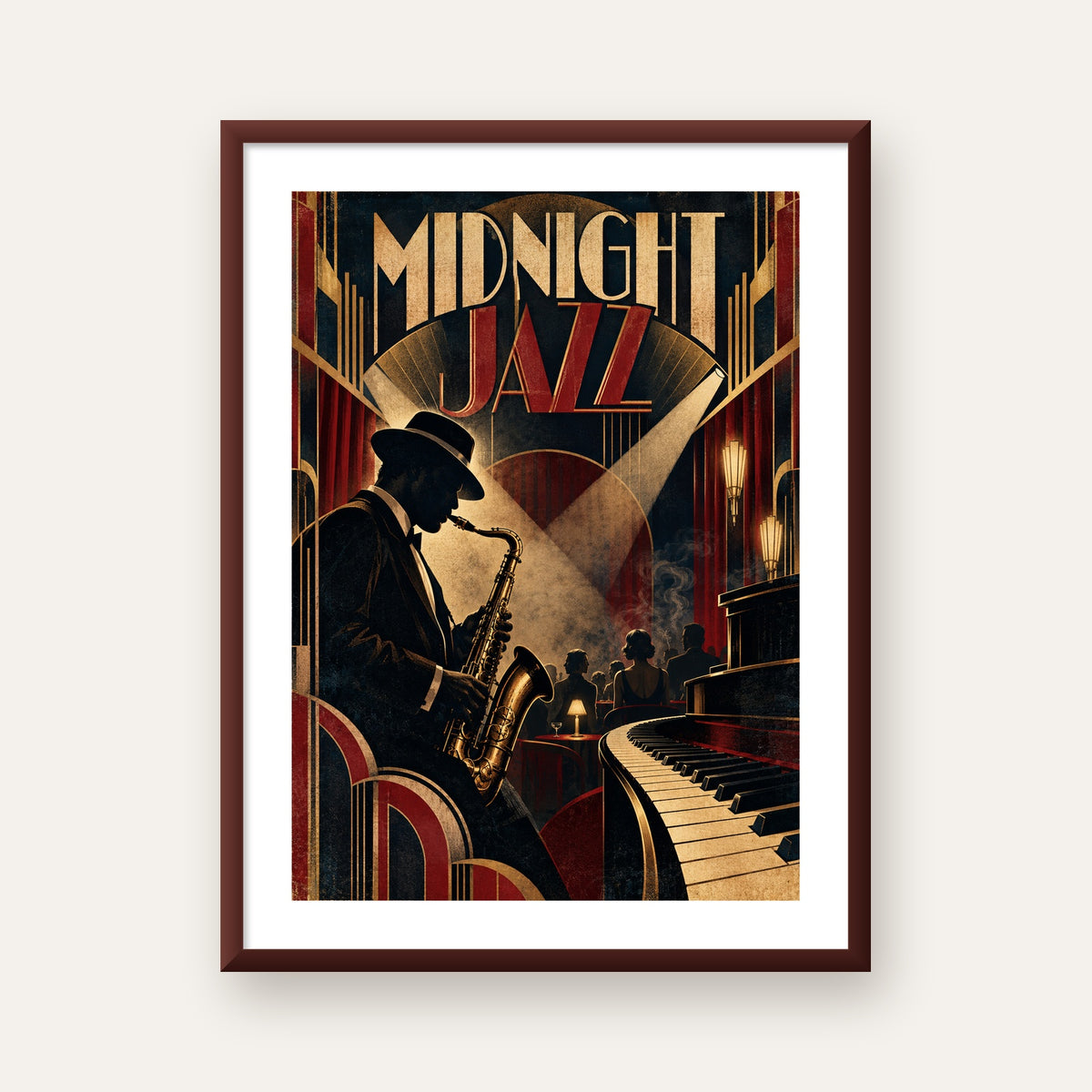 Midnight Jazz Art Deco Caz Kulübü Afişi — ceviz çerçeveli paspartulu