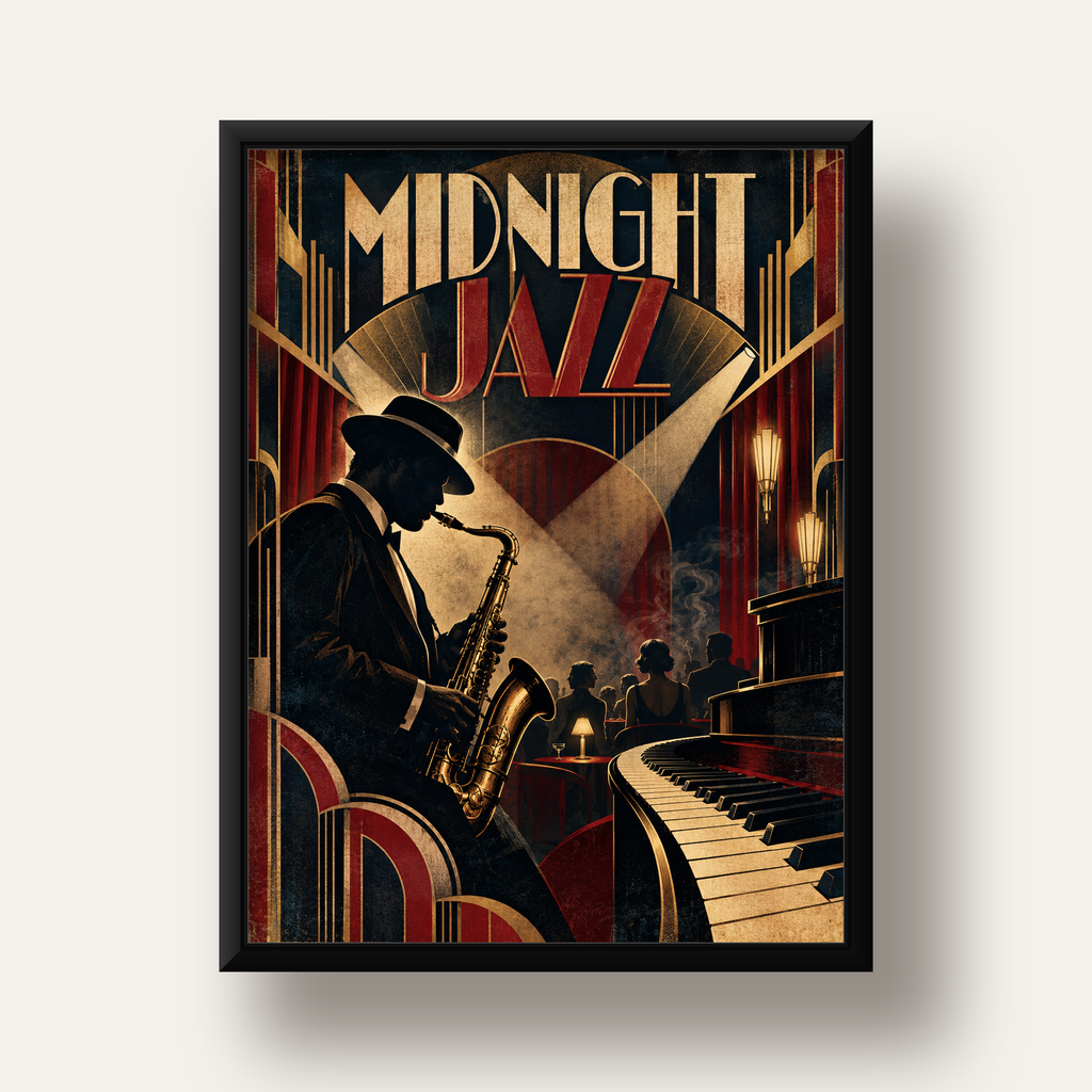 Midnight Jazz Art Deco Caz Kulübü Afişi — siyah derin çerçeveli