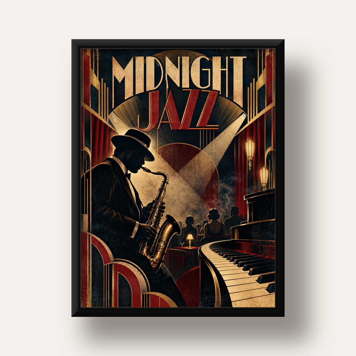 Midnight Jazz Art Deco Caz Kulübü Afişi — siyah derin çerçeveli