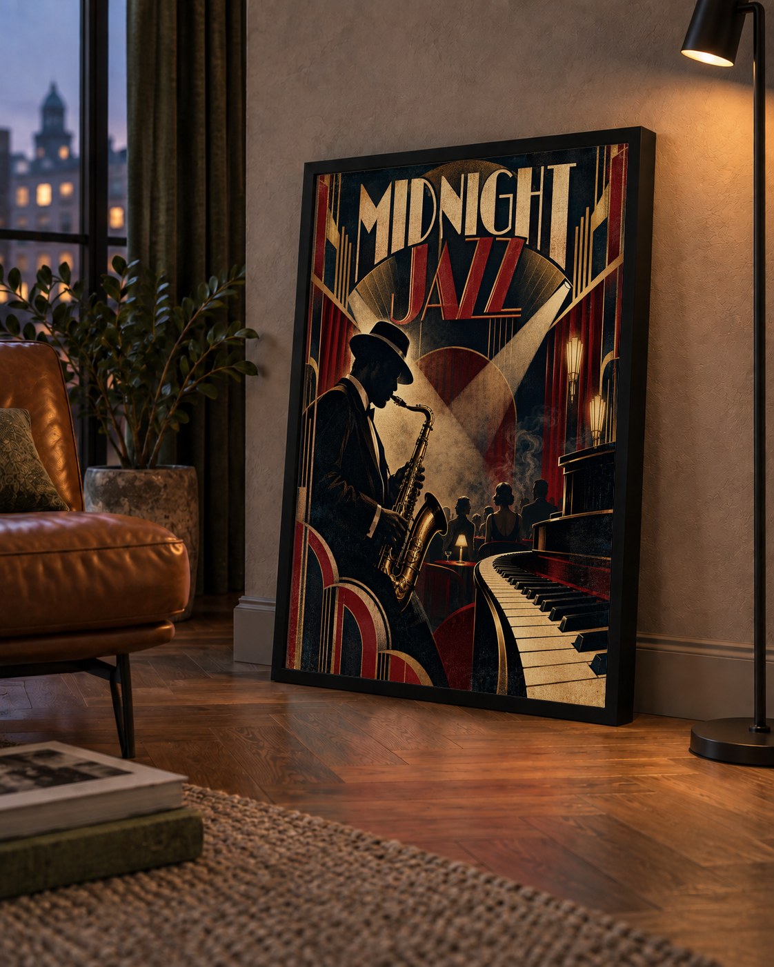Midnight Jazz Art Deco Caz Kulübü Afişi — çerçeveli hâliyle bir ev duvarında
