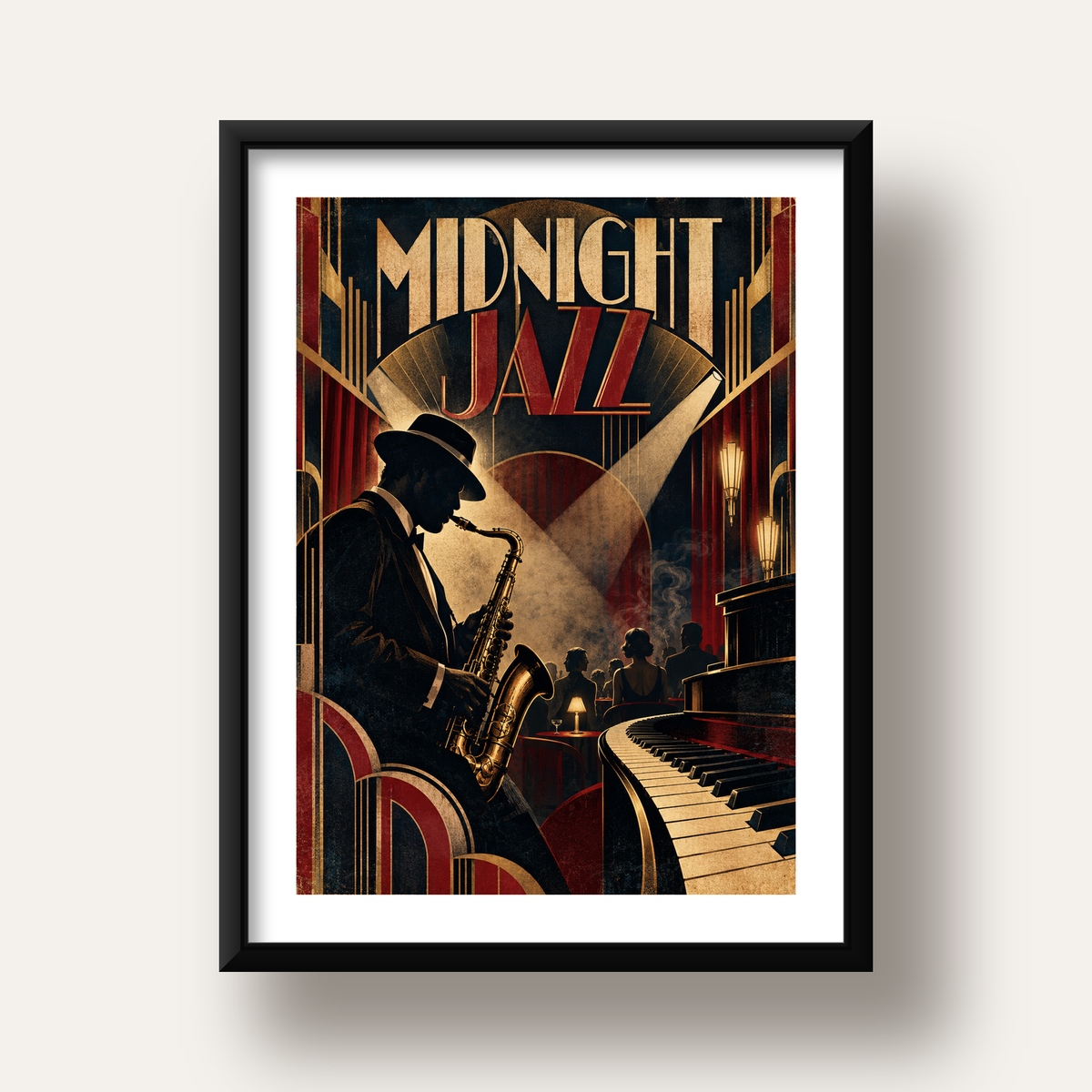 Midnight Jazz Art Deco Caz Kulübü Afişi — siyah derin çerçeveli paspartulu