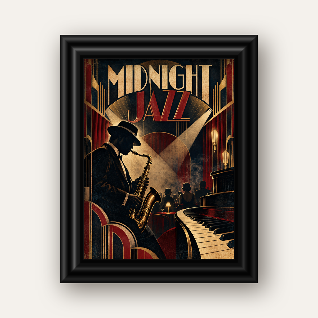 Midnight Jazz Art Deco Caz Kulübü Afişi — siyah galeri çerçeveli