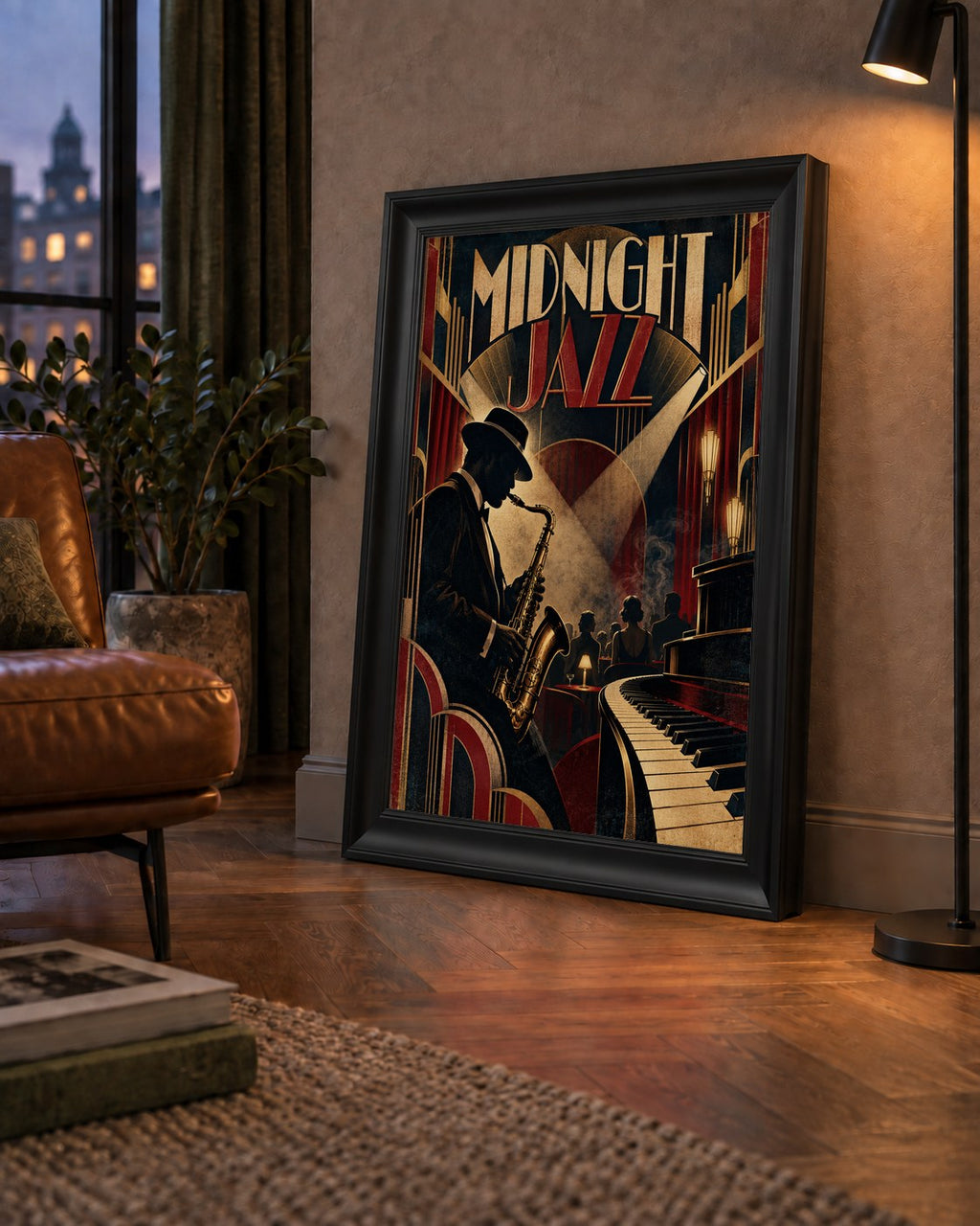 Midnight Jazz Art Deco Caz Kulübü Afişi — çerçeveli hâliyle bir ev duvarında
