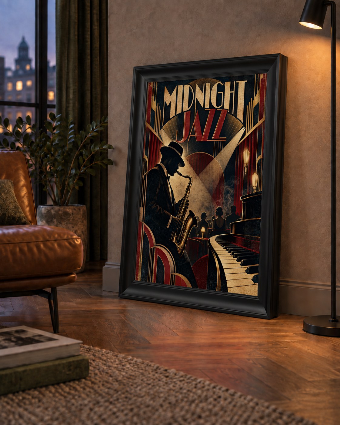 Midnight Jazz Art Deco Caz Kulübü Afişi — çerçeveli hâliyle bir ev duvarında
