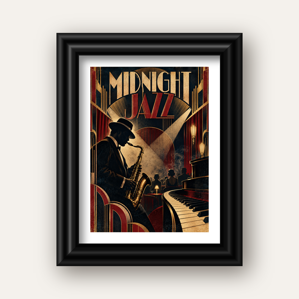 Midnight Jazz Art Deco Caz Kulübü Afişi — siyah galeri çerçeveli paspartulu