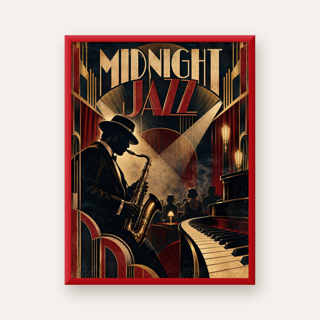Midnight Jazz Art Deco Caz Kulübü Afişi — kırmızı çerçeveli