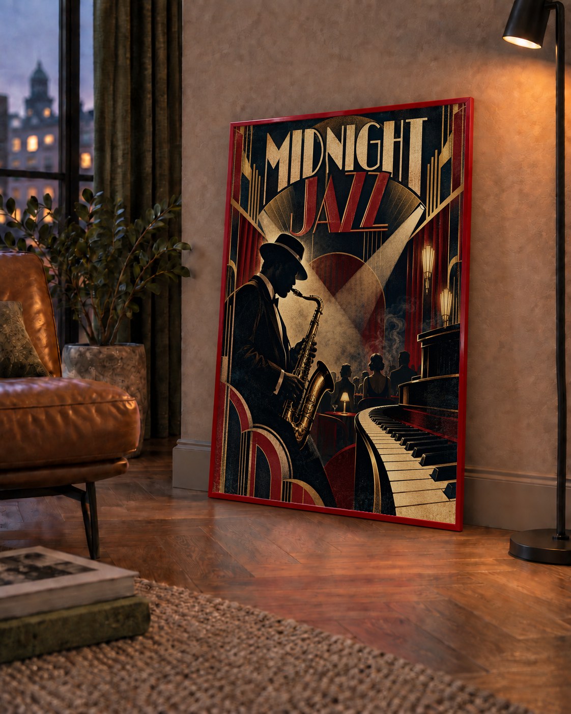 Midnight Jazz Art Deco Caz Kulübü Afişi — çerçeveli hâliyle bir ev duvarında