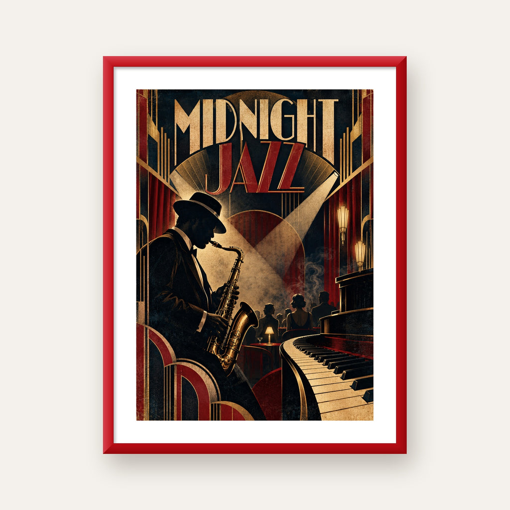 Midnight Jazz Art Deco Caz Kulübü Afişi — kırmızı çerçeveli paspartulu