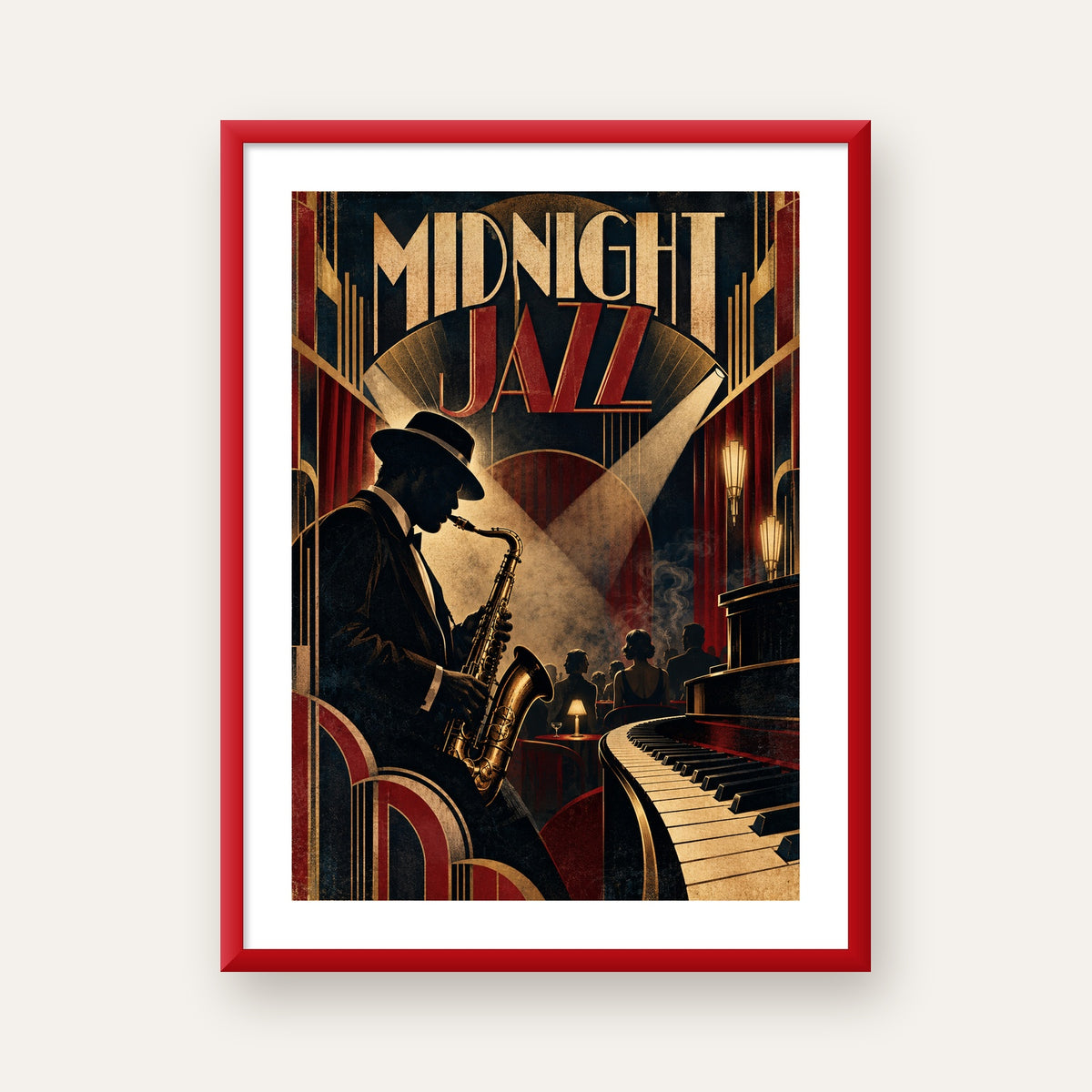 Midnight Jazz Art Deco Caz Kulübü Afişi — kırmızı çerçeveli paspartulu