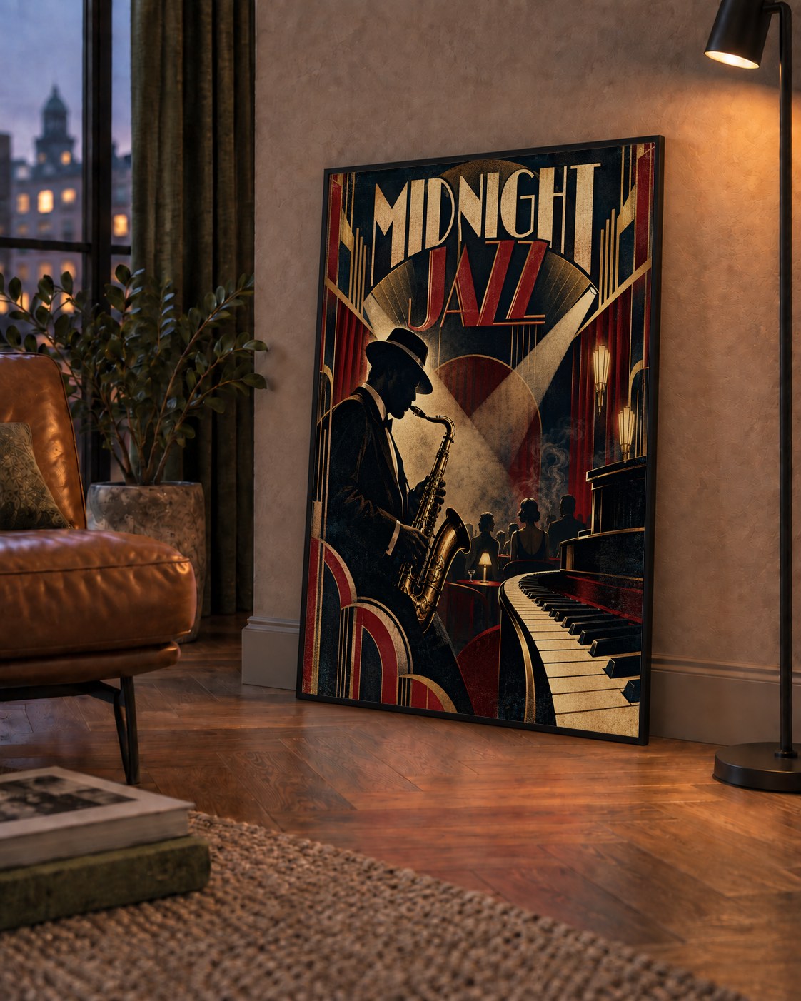 Midnight Jazz Art Deco Caz Kulübü Afişi — çerçeveli hâliyle bir ev duvarında