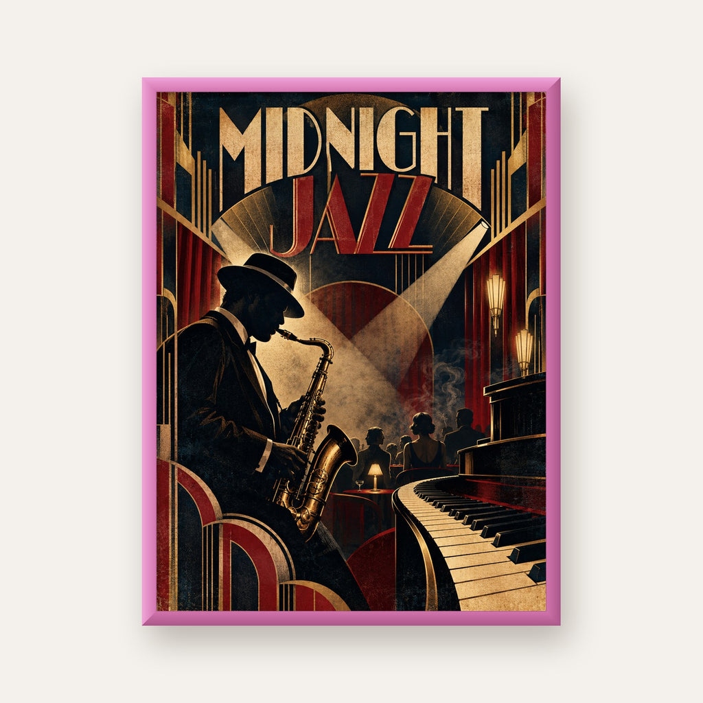 Midnight Jazz Art Deco Caz Kulübü Afişi — pembe çerçeveli