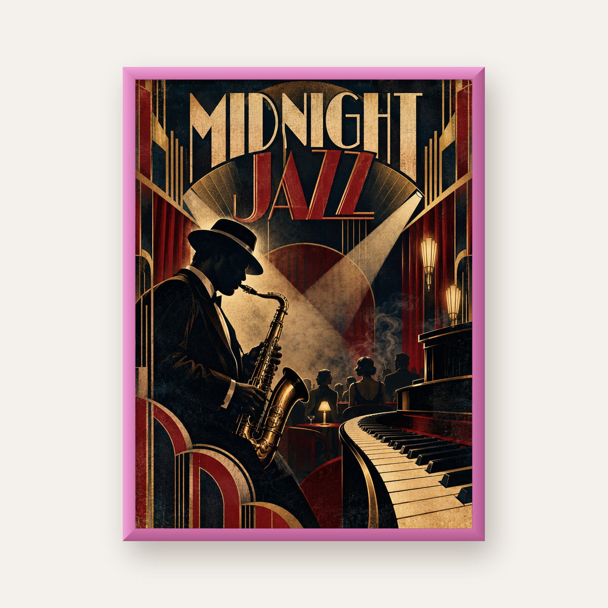 Midnight Jazz Art Deco Caz Kulübü Afişi — pembe çerçeveli