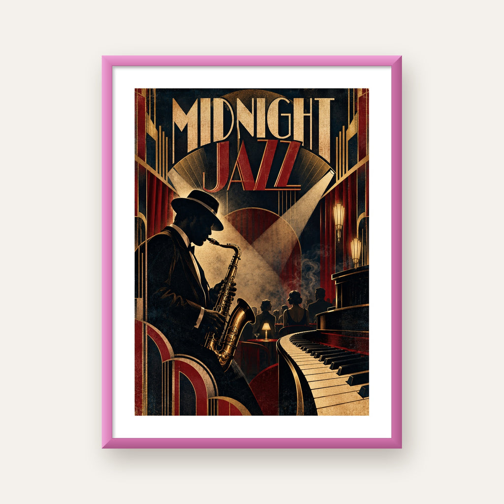 Midnight Jazz Art Deco Caz Kulübü Afişi — pembe çerçeveli paspartulu