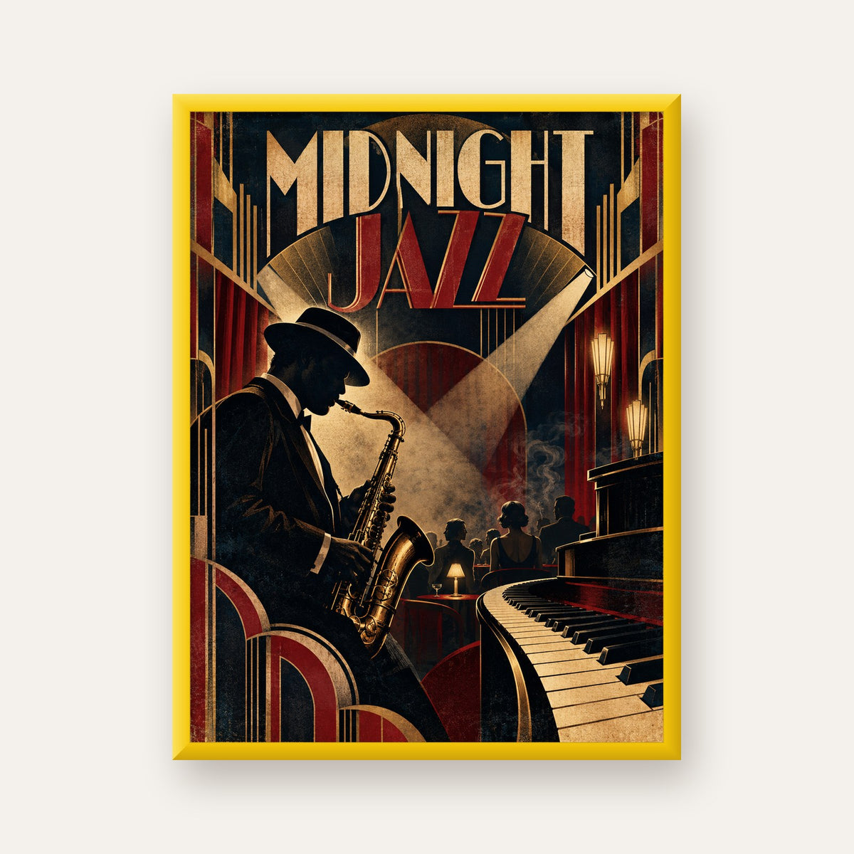Midnight Jazz Art Deco Caz Kulübü Afişi — sarı çerçeveli