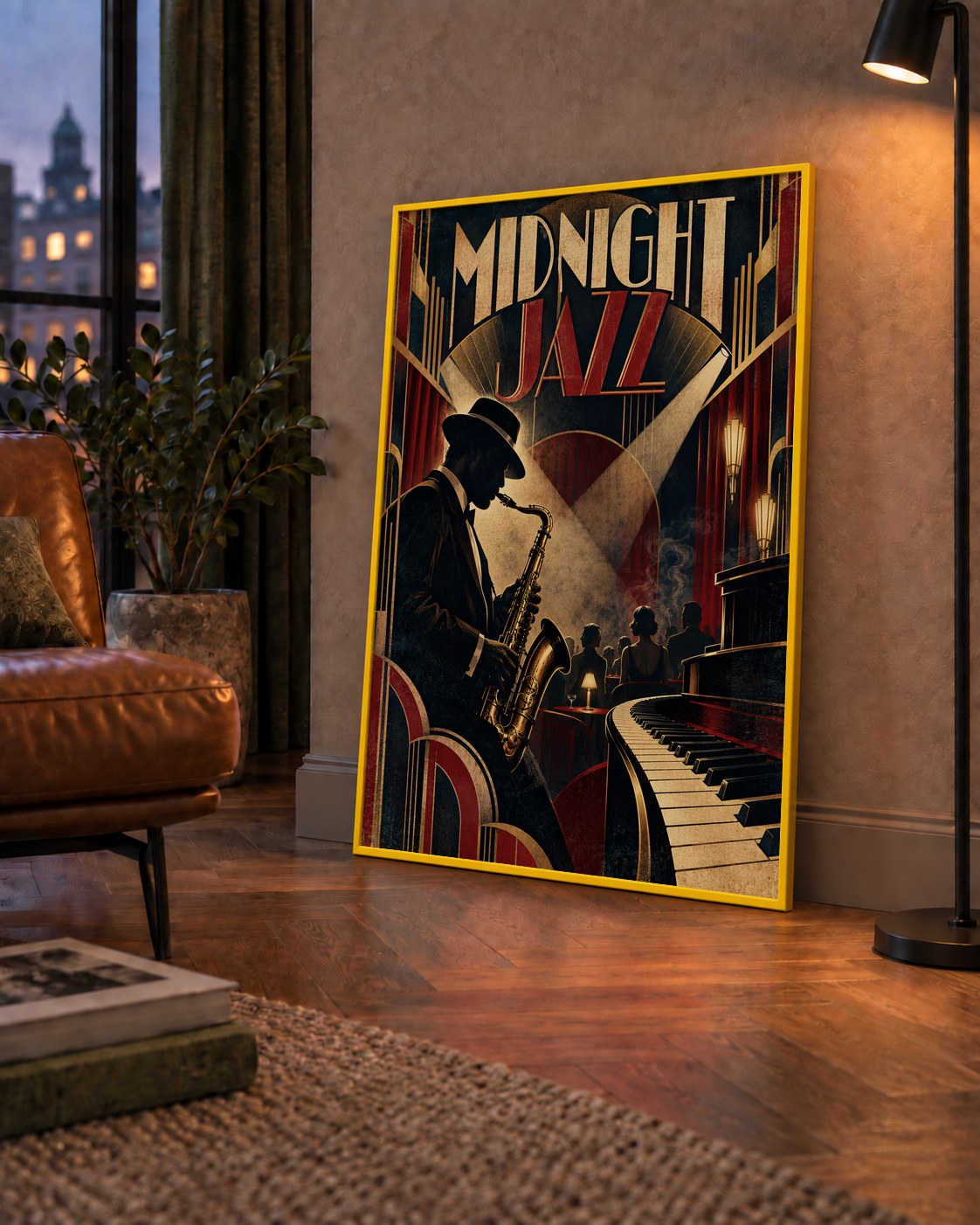 Midnight Jazz Art Deco Caz Kulübü Afişi — çerçeveli hâliyle bir ev duvarında