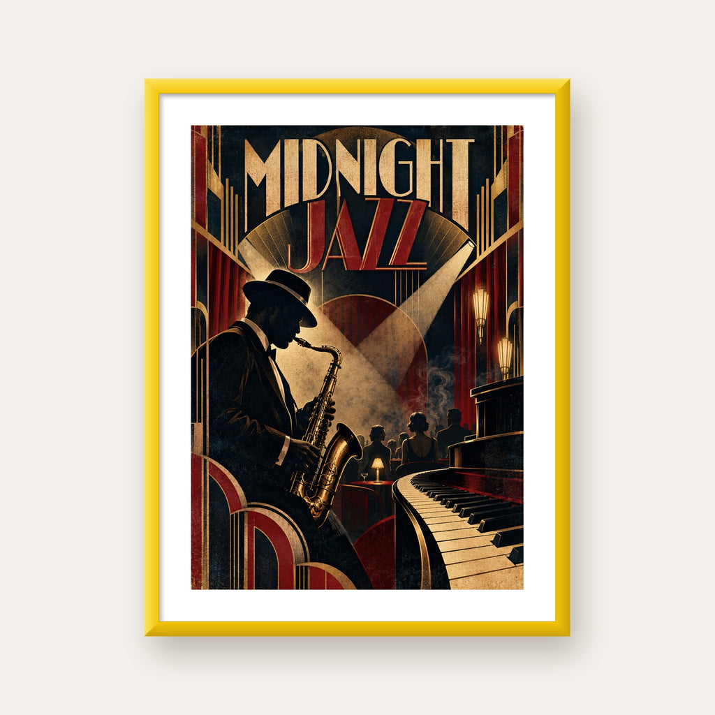 Midnight Jazz Art Deco Caz Kulübü Afişi — sarı çerçeveli paspartulu