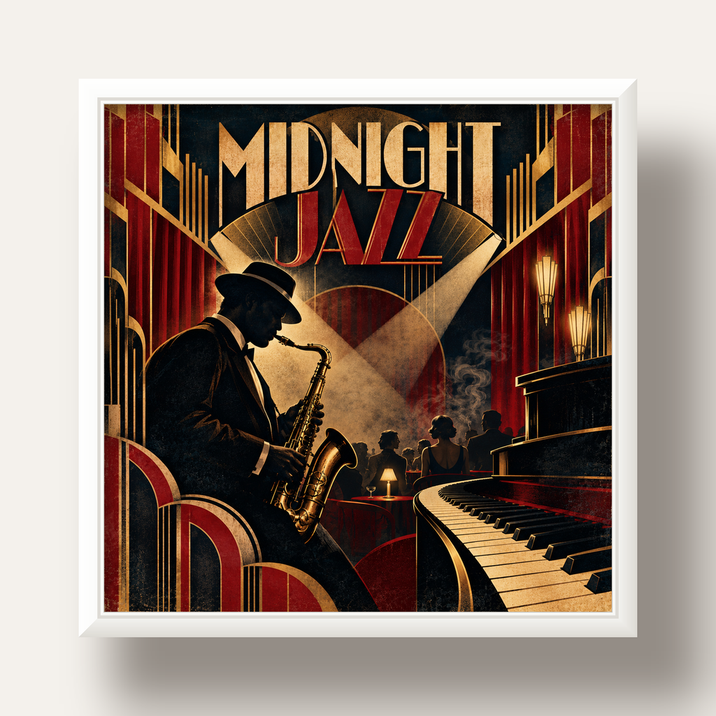 Midnight Jazz Art Deco Caz Kulübü Afişi — beyaz derin çerçeveli