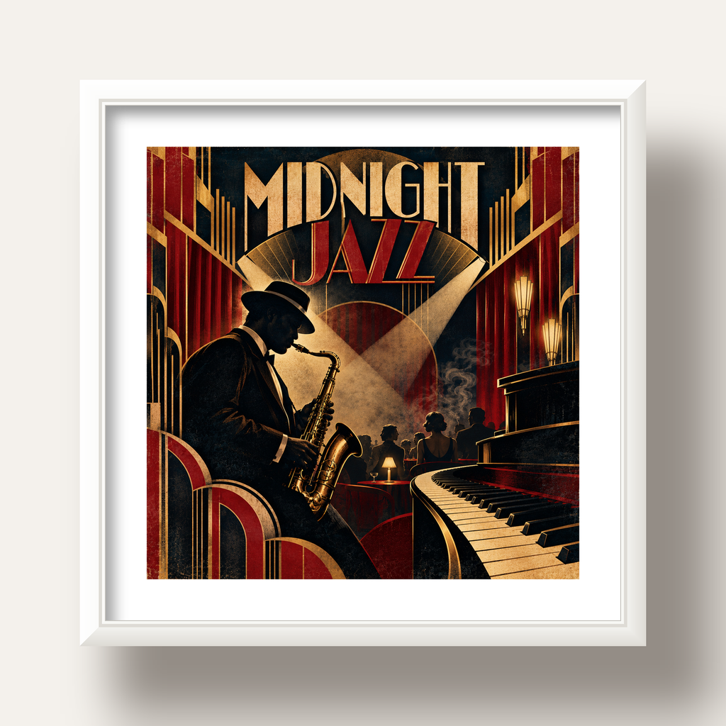 Midnight Jazz Art Deco Caz Kulübü Afişi — beyaz derin çerçeveli paspartulu