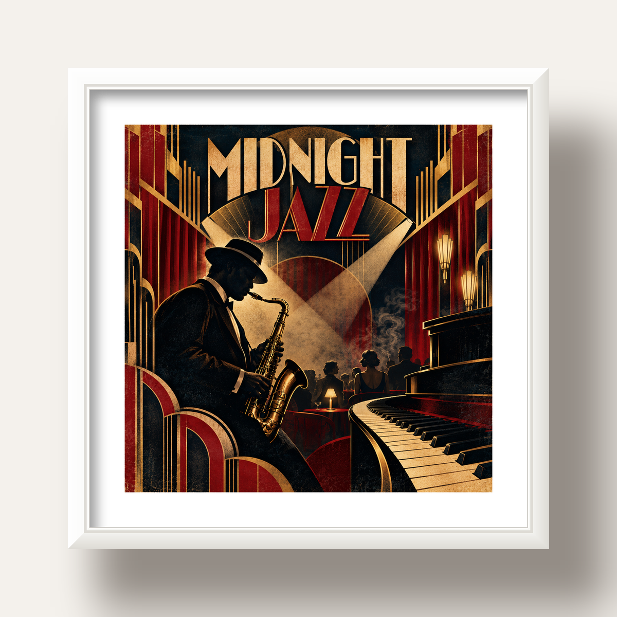 Midnight Jazz Art Deco Caz Kulübü Afişi — beyaz derin çerçeveli paspartulu