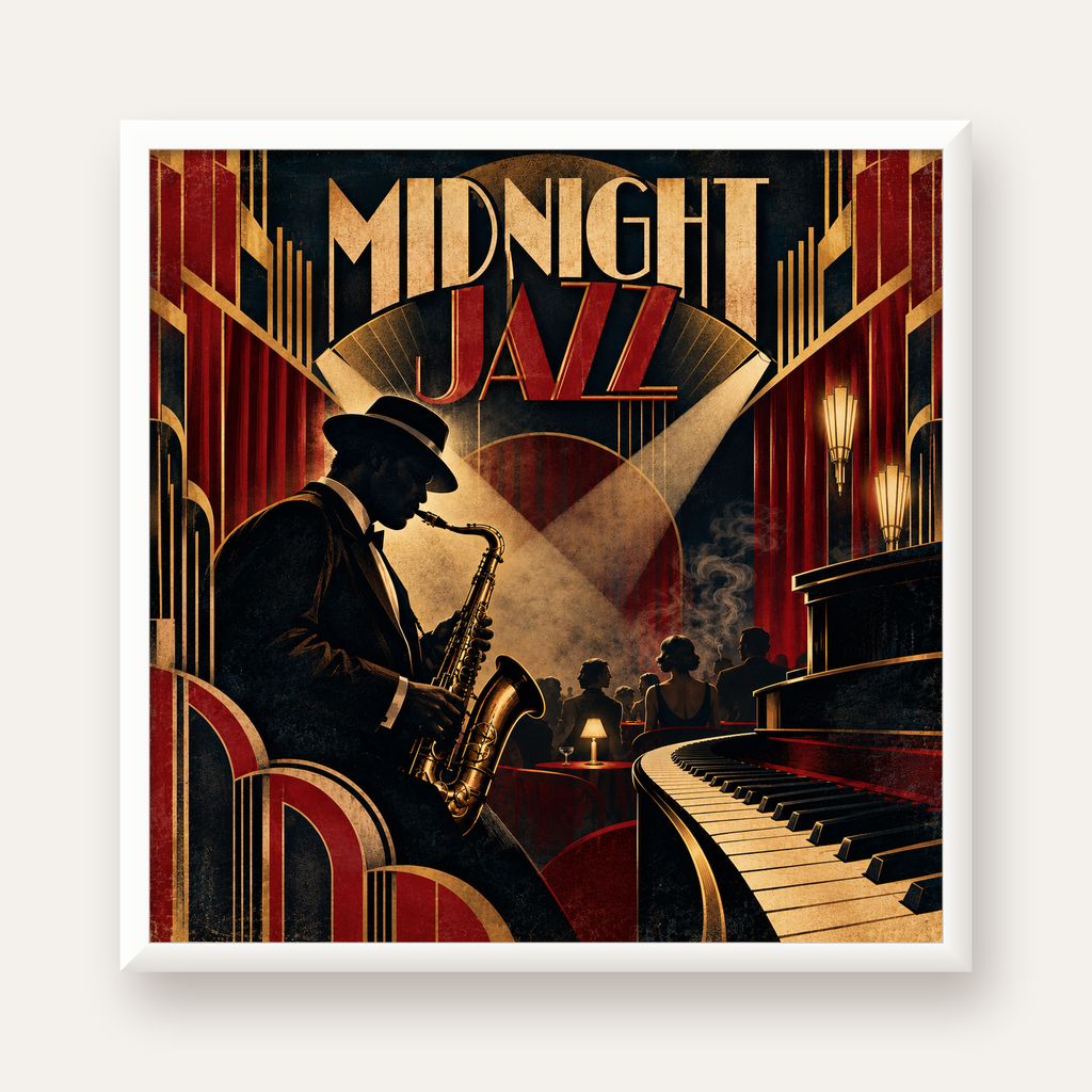 Midnight Jazz Art Deco Caz Kulübü Afişi — beyaz çerçeveli kare poster