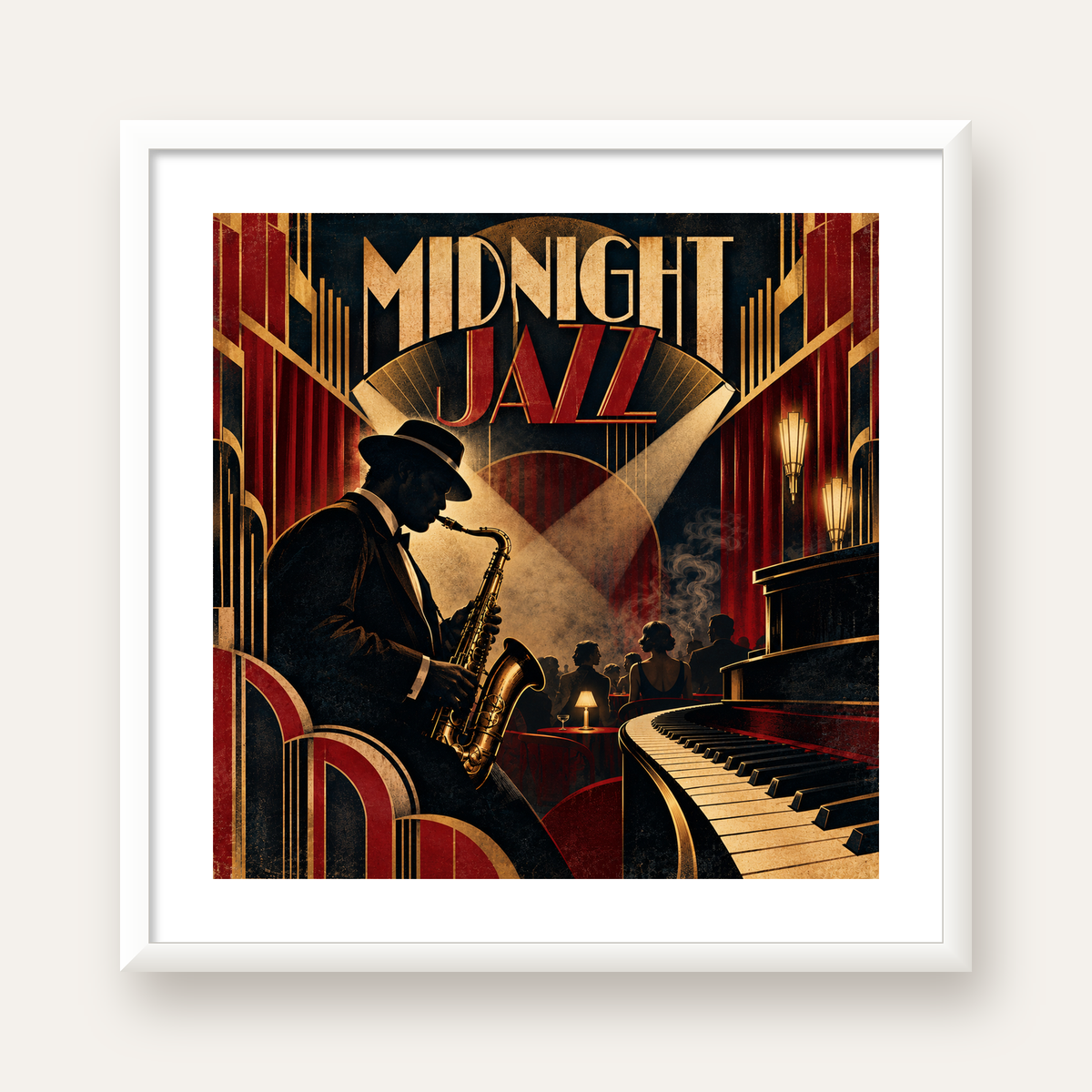 Midnight Jazz Art Deco Caz Kulübü Afişi — beyaz çerçeveli kare poster
