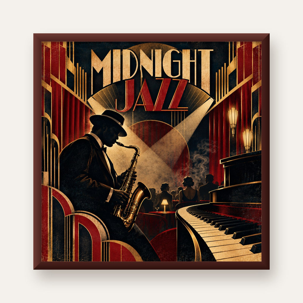 Midnight Jazz Art Deco Caz Kulübü Afişi — ceviz çerçeveli
