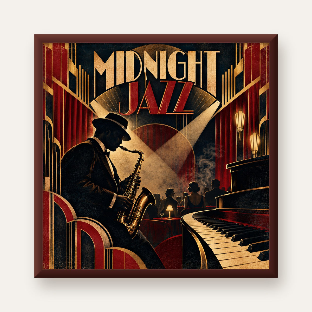 Midnight Jazz Art Deco Caz Kulübü Afişi — ceviz çerçeveli