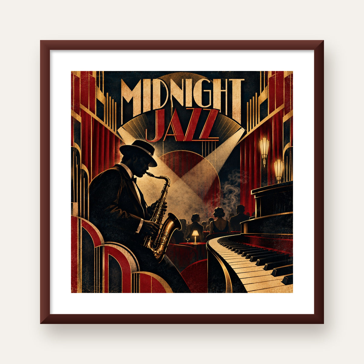 Midnight Jazz Art Deco Caz Kulübü Afişi — ceviz çerçeveli paspartulu