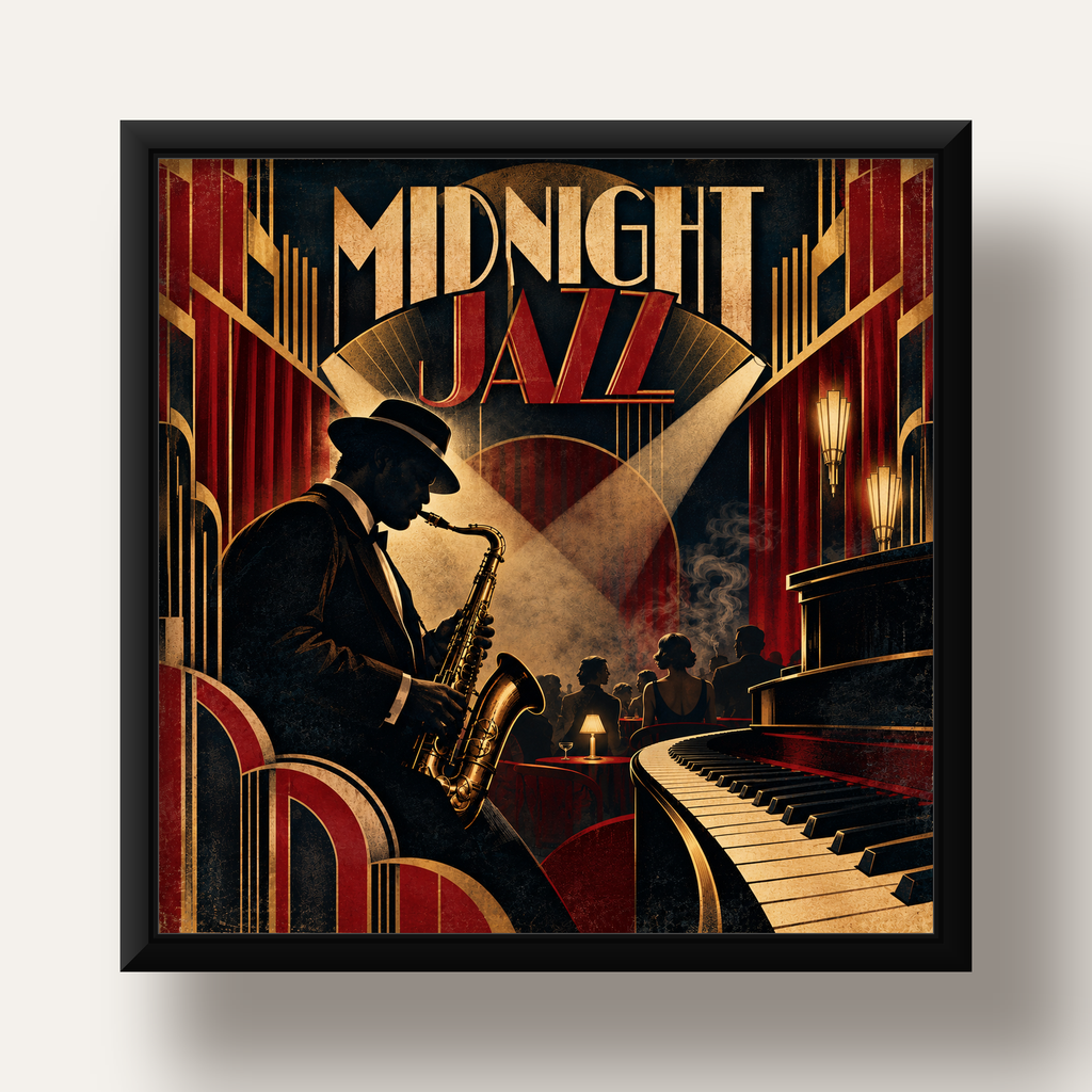 Midnight Jazz Art Deco Caz Kulübü Afişi — siyah derin çerçeveli