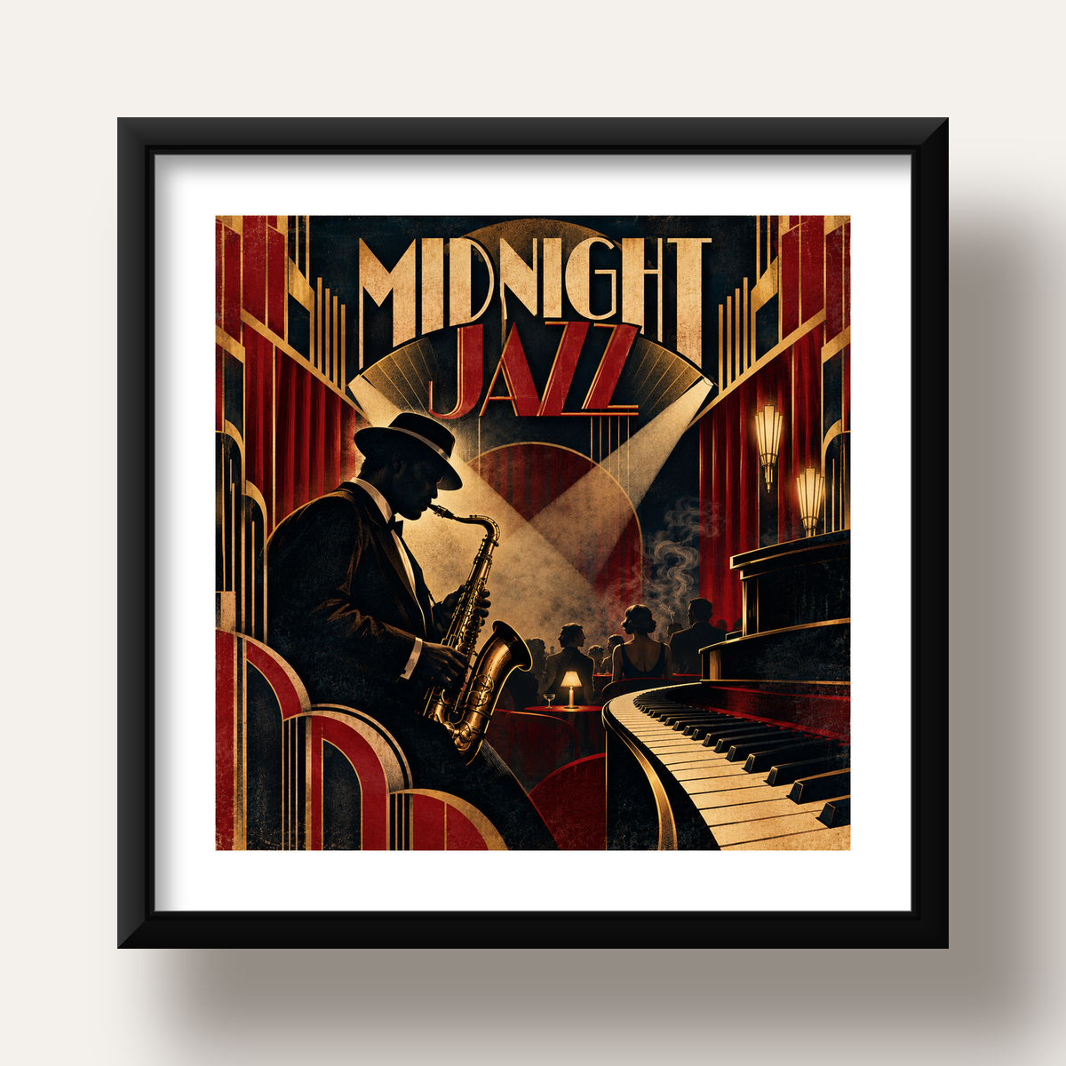 Midnight Jazz Art Deco Caz Kulübü Afişi — siyah derin çerçeveli paspartulu