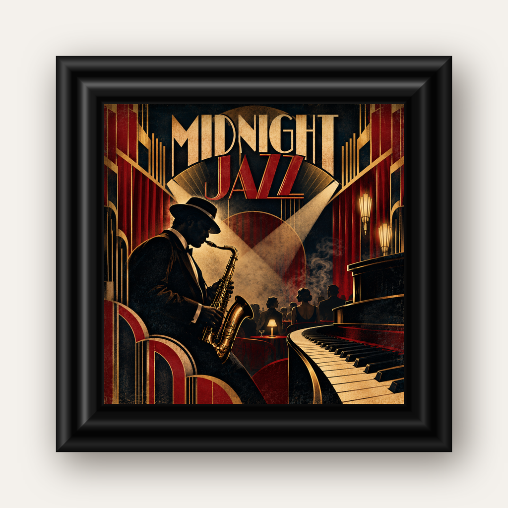 Midnight Jazz Art Deco Caz Kulübü Afişi — siyah galeri çerçeveli