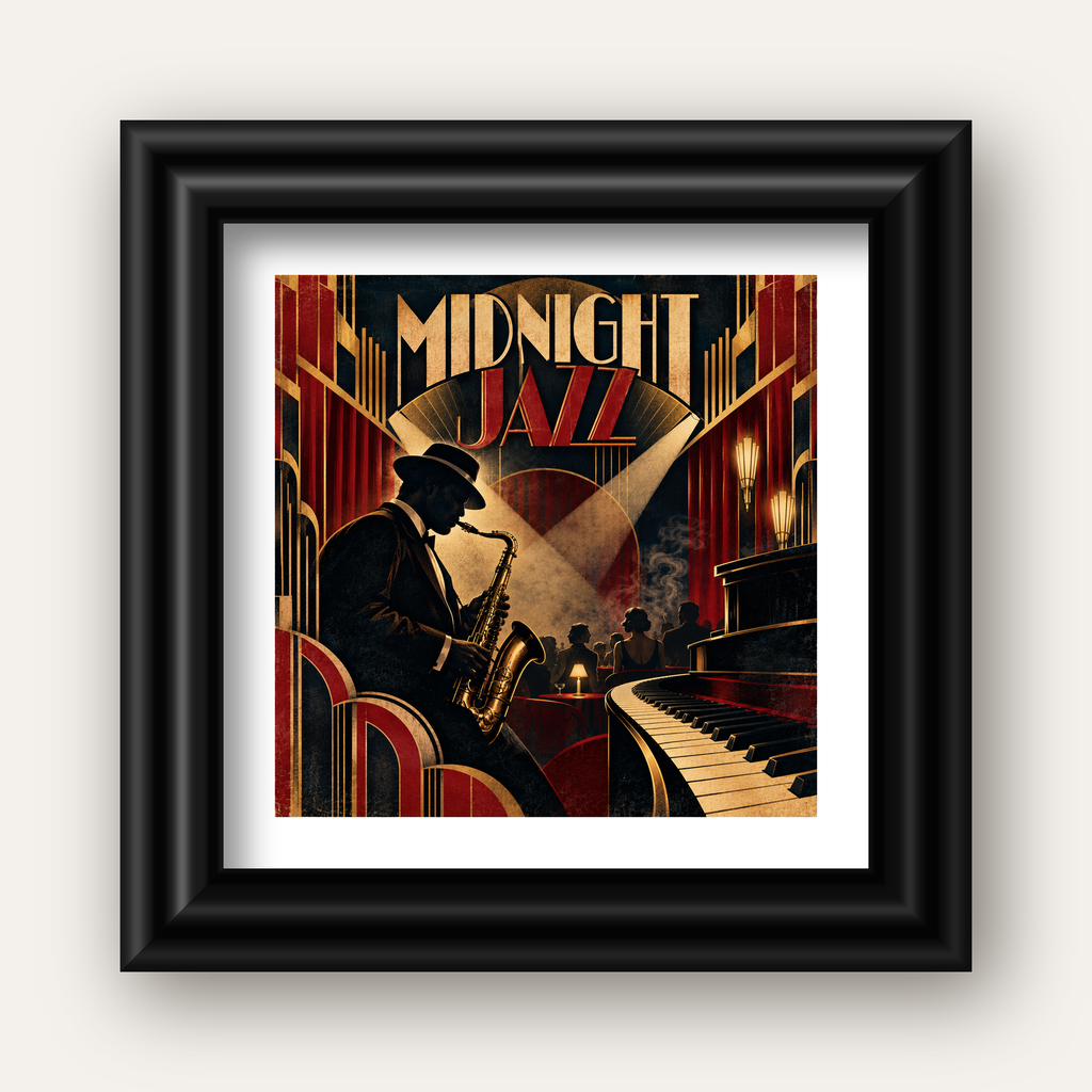 Midnight Jazz Art Deco Caz Kulübü Afişi — siyah galeri çerçeveli paspartulu