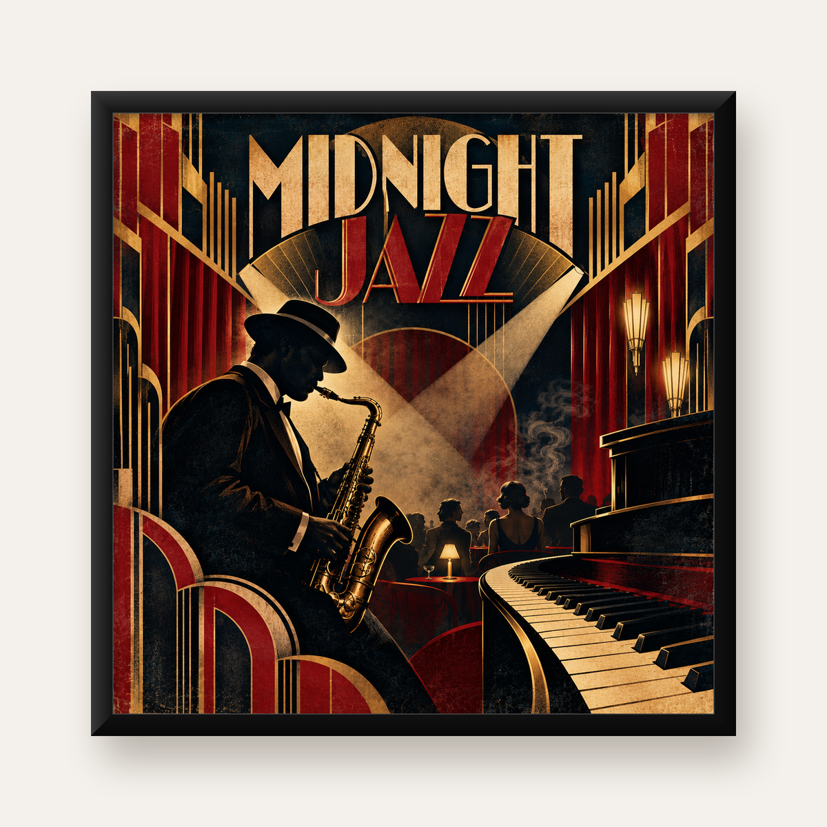 Art Deco Jazz Gecesi Poster – Caz Kulübü Retro Sanat Baskısı — Kare baskı, düz siyah çerçeveli duvar posteri