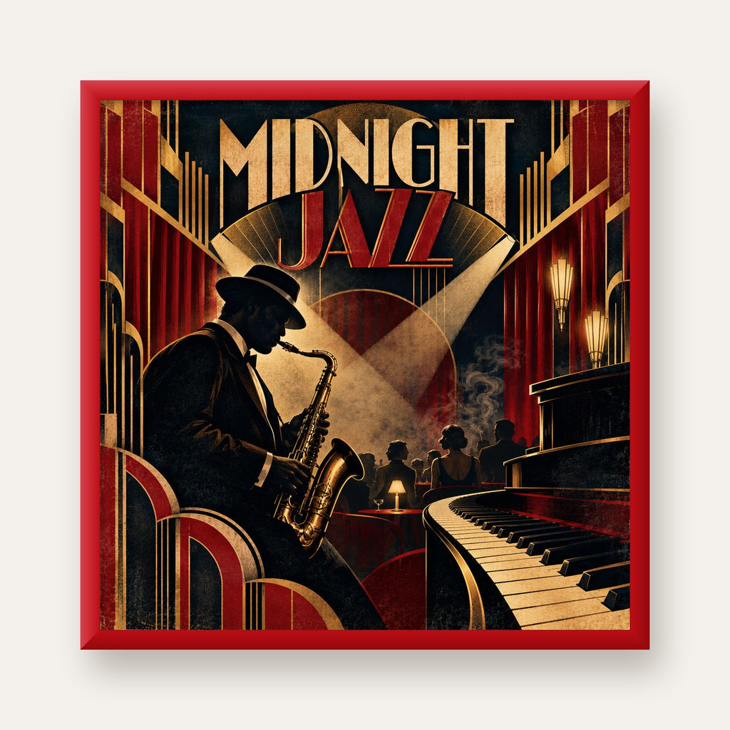 Midnight Jazz Art Deco Caz Kulübü Afişi — kırmızı çerçeveli