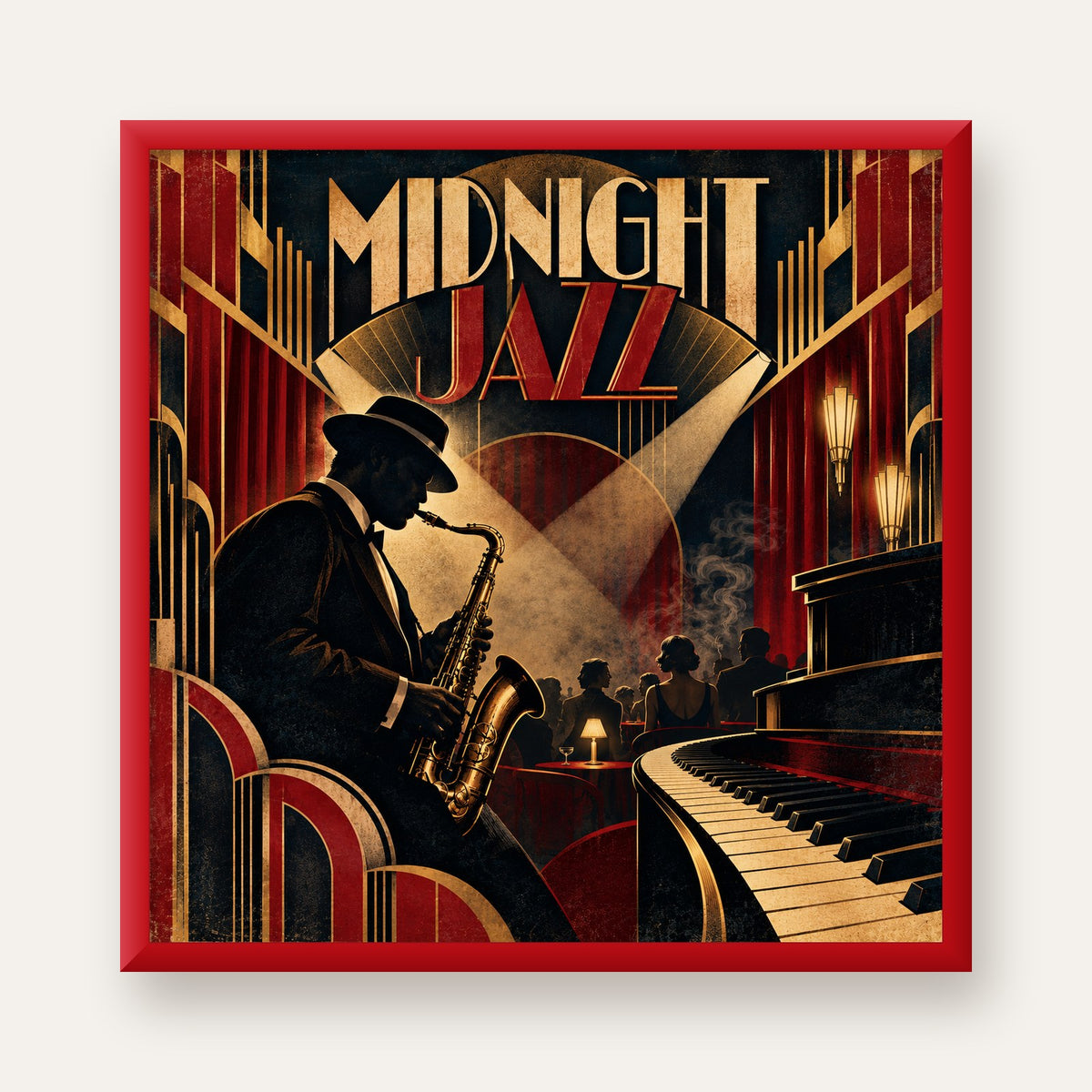 Midnight Jazz Art Deco Caz Kulübü Afişi — kırmızı çerçeveli