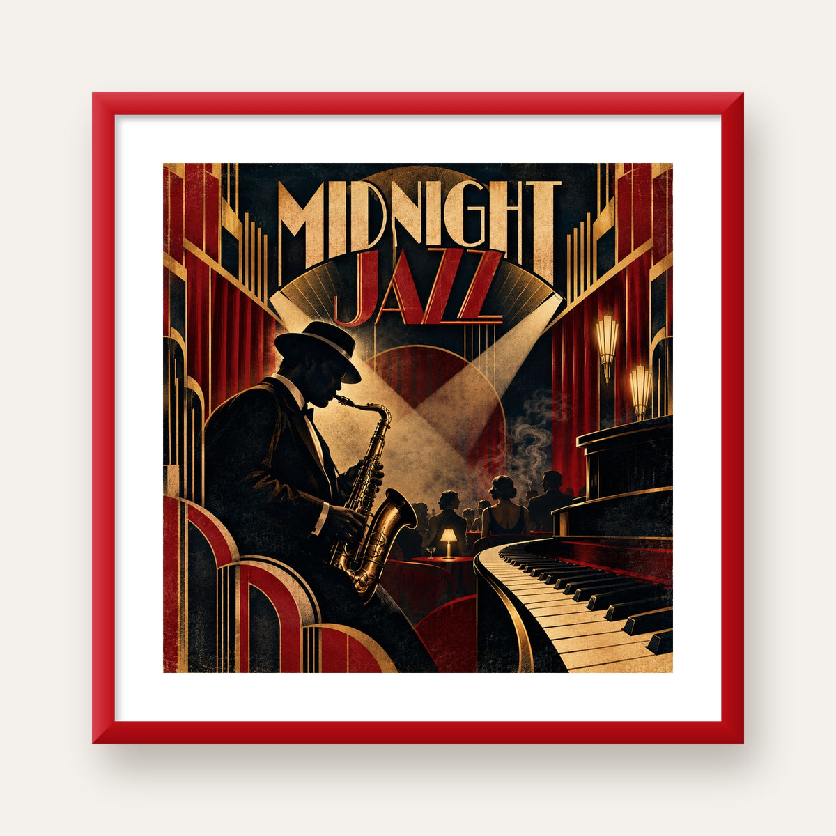 Midnight Jazz Art Deco Caz Kulübü Afişi — kırmızı çerçeveli paspartulu