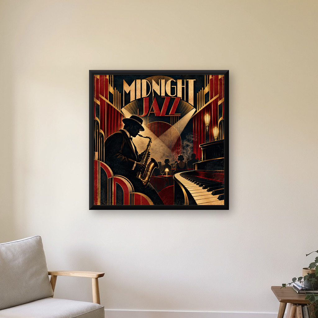 Art Deco Jazz Gecesi Poster – Caz Kulübü Retro Sanat Baskısı — Kare baskı, çerçeveli hâliyle bir ev duvarında